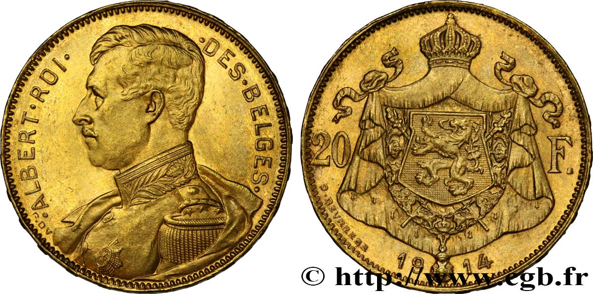 BELGIEN - KÖNIGREICH BELGIEN - ALBERT I. 20 Francs 1914  fST 