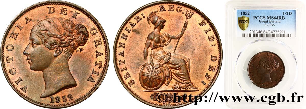 GRAN BRETAGNA - VICTORIA 1/2 Penny tête jeune 1852 Londres MS64 PCGS