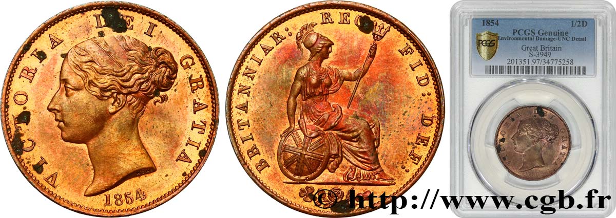 GREAT BRITAIN - VICTORIA 1/2 Penny tête jeune 1854 Londres MS PCGS