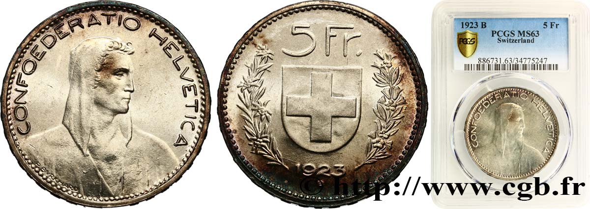SUISSE 5 Francs berger 1923 Berne SPL63 PCGS