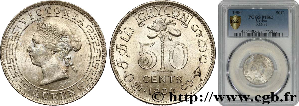 CEYLON 50 Cents Victoria 1900  fST63 PCGS