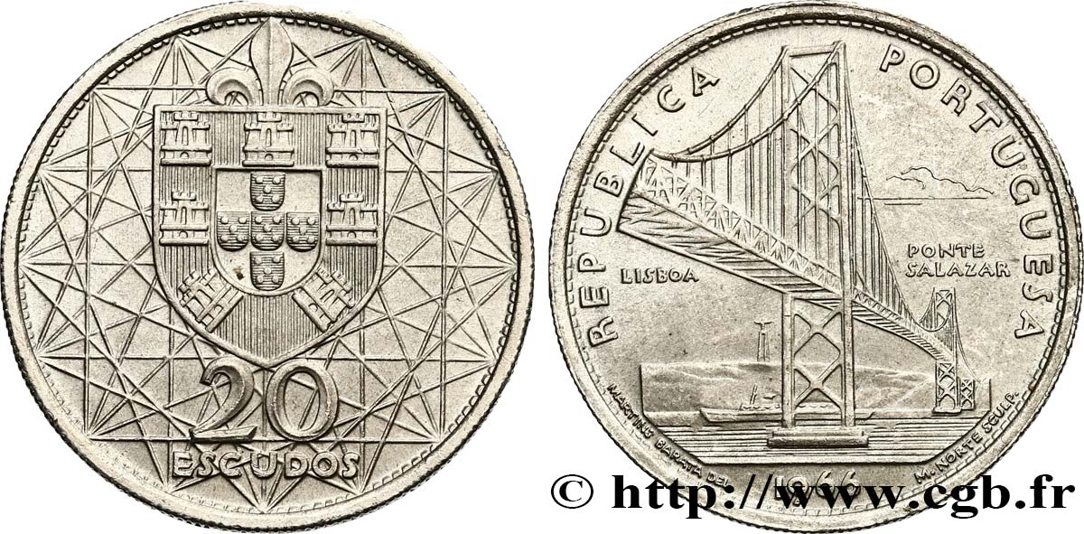 PORTUGAL 20 Escudos Pont Salazar de Lisbonne 1966 AU