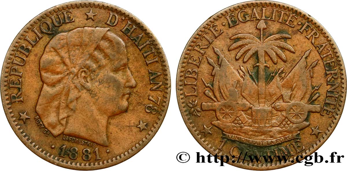 HAITI 2 Centimes an 78 emblème “Liberté créole” de Roty 1881 Paris XF