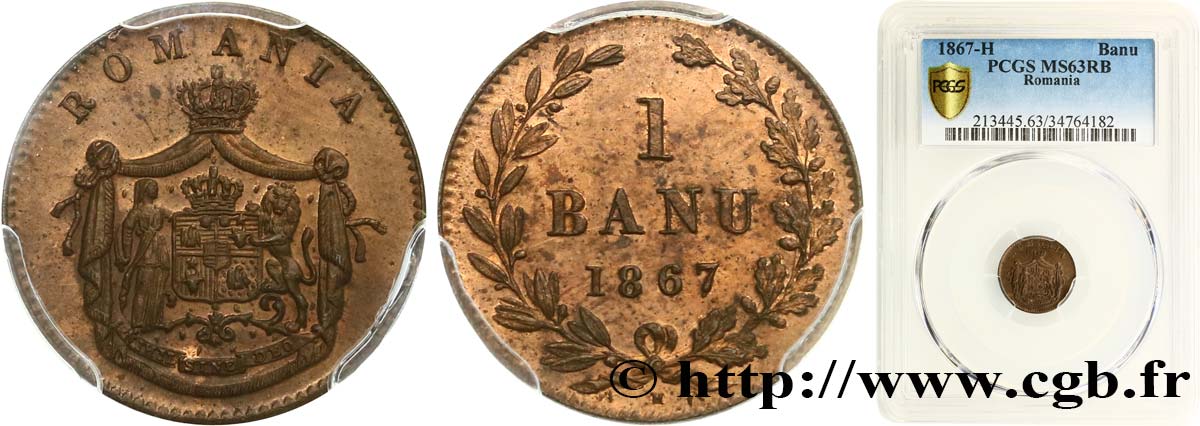 ROMANIA - CHARLES I 1 Banu 1867 Heaton MS63 PCGS