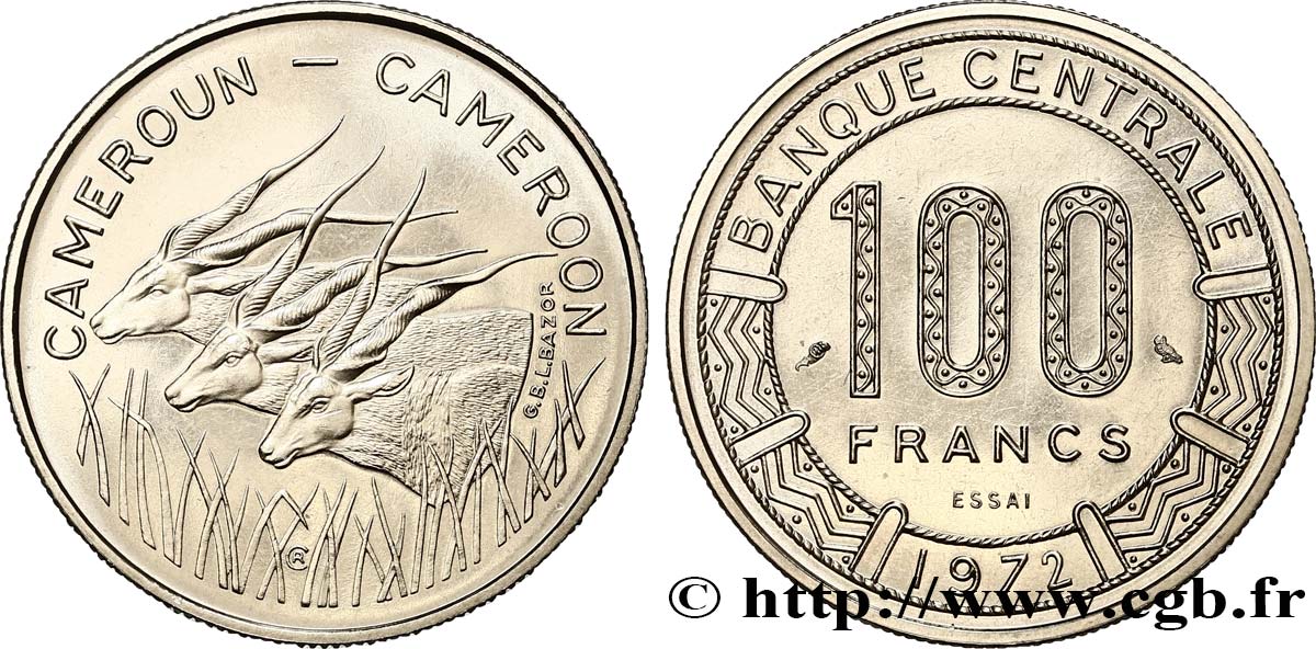 CAMEROUN Essai de 100 Francs légende bilingue, type Banque Centrale, antilopes 1972 Paris SPL