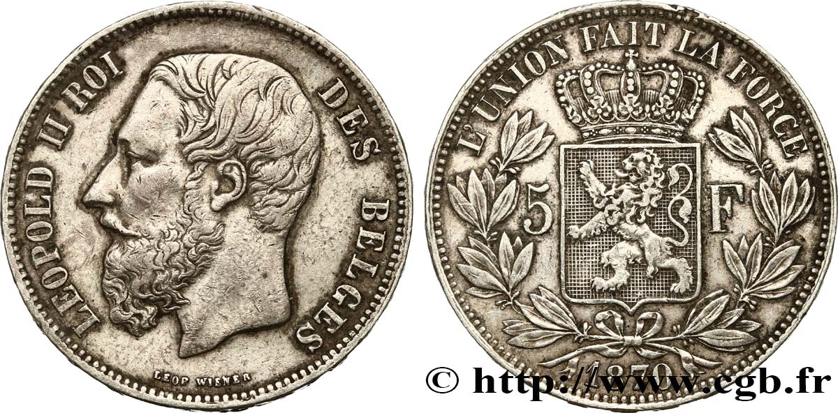 BELGIQUE 5 Francs Léopold II 1870 TB+