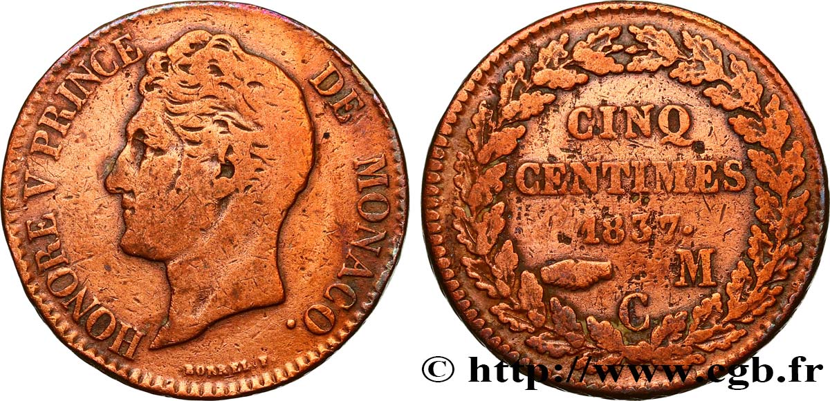 MONACO 5 Centimes Honoré V petite tête en cuivre rouge 1837 Monaco VF