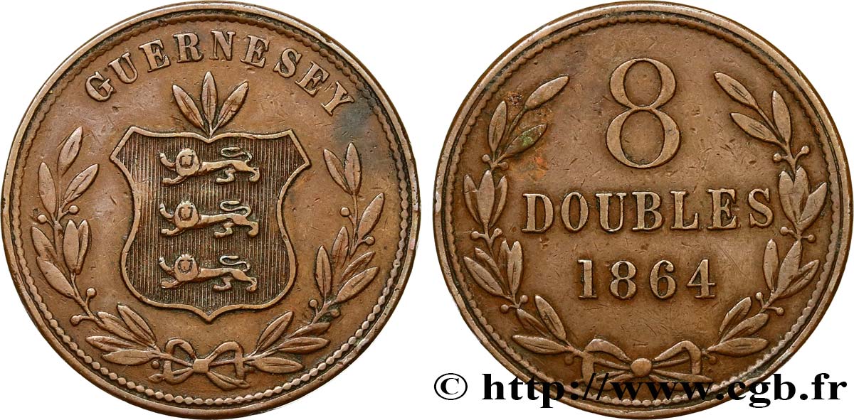 GUERNSEY 8 Doubles armes du baillage de Guernesey 1864 Heaton VF