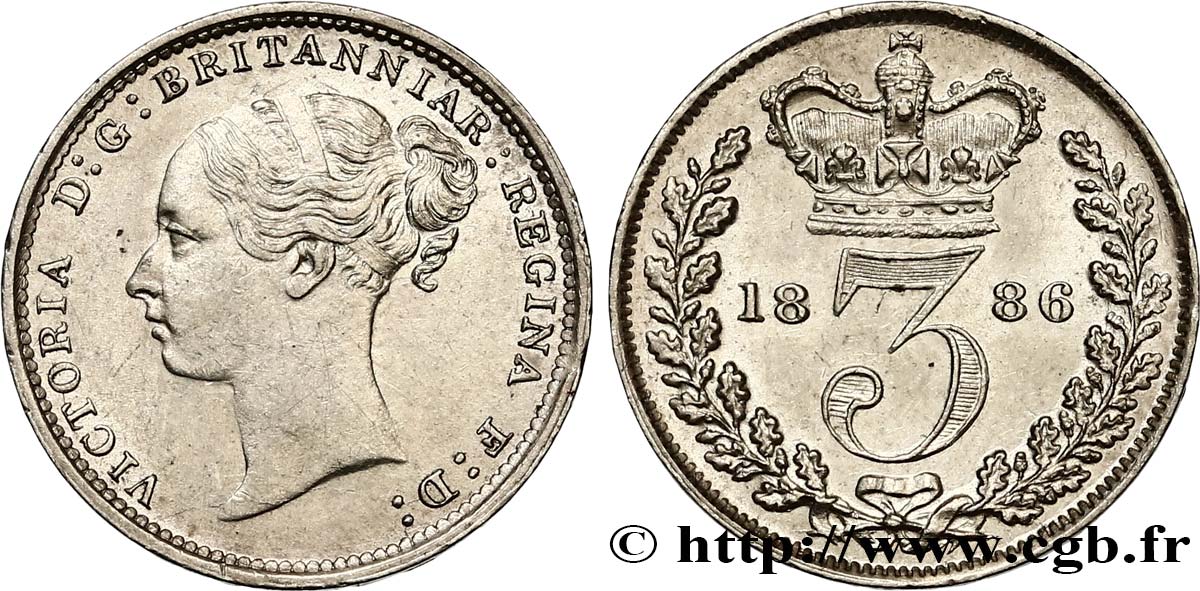 ROYAUME-UNI 3 Pence Victoria “Bun Head” 1886  TTB+ 