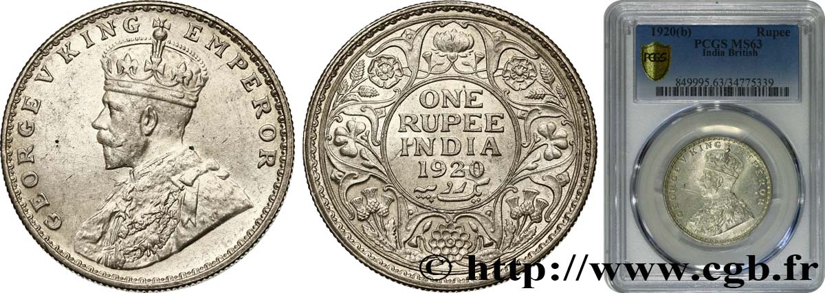 INDIA BRITANNICA 1 Roupie Georges V couronné 1920 Bombay MS63 PCGS