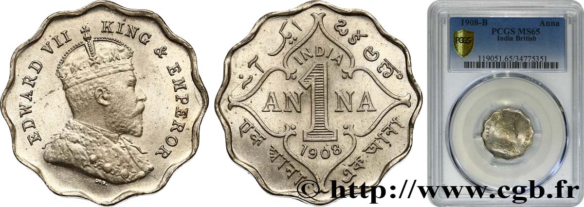 INDIA 1 Anna Edouard VII 1908 Bombay (Mumbai) MS65 PCGS