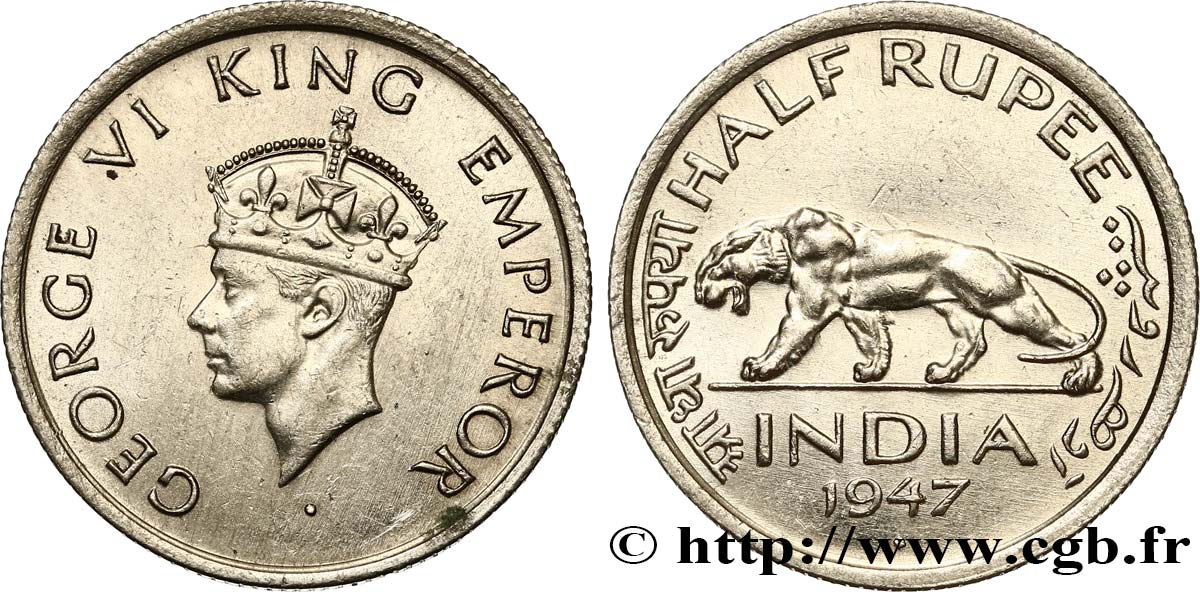 INDIA 1/2 Roupie Georges VI / tigre 1947 Bombay (Mumbai) AU