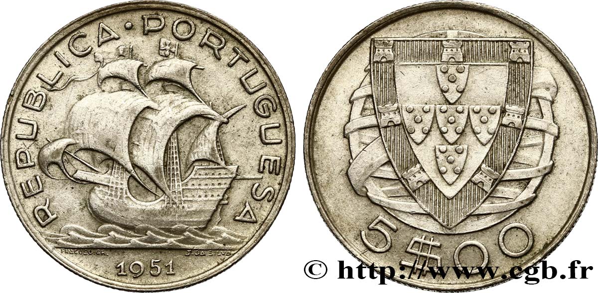 PORTUGAL 5 Escudos 1951 XF