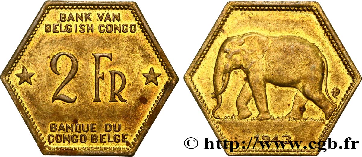 CONGO BELGA 2 Francs éléphant 1943  SPL 