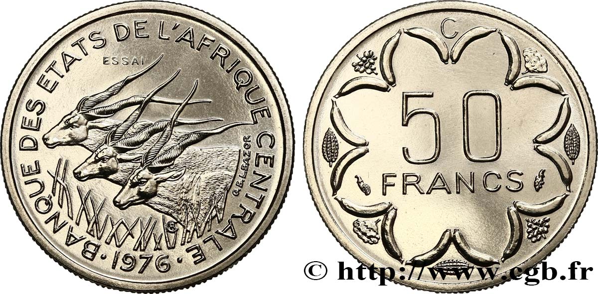 ZENTRALAFRIKANISCHE LÄNDER Essai de 50 Francs antilopes lettre ‘C’ Congo 1976 Paris fST 