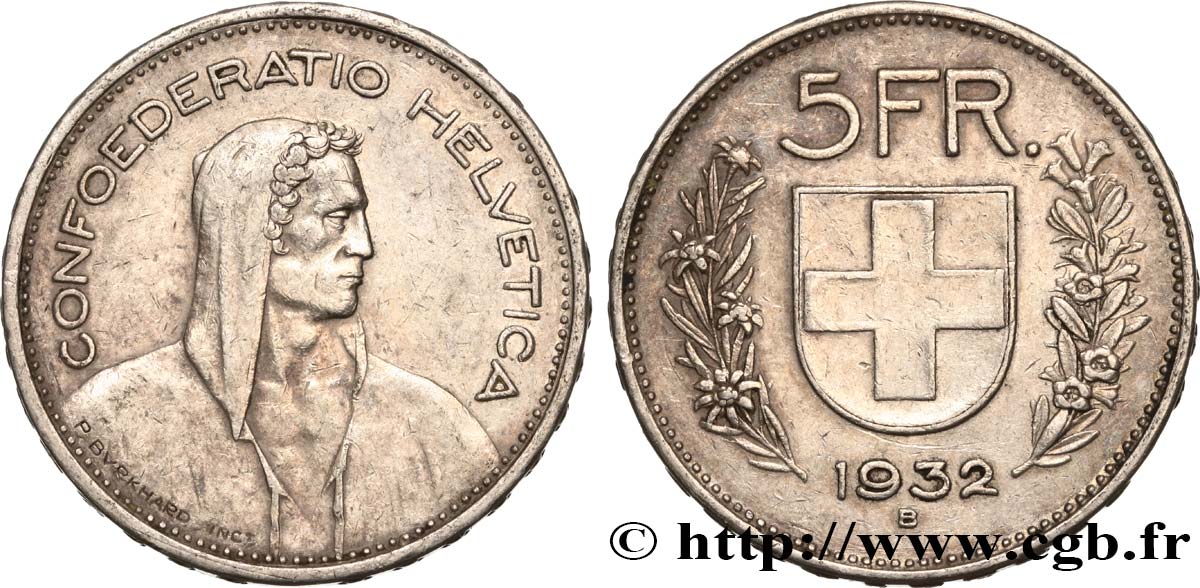 SWITZERLAND 5 Francs Berger des Alpes 1932 Berne XF