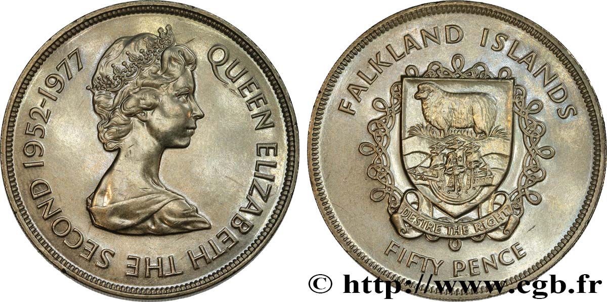 FALKLAND ISLANDS 50 Pence jubilé d’argent d’Élisabeth II 1977  AU 
