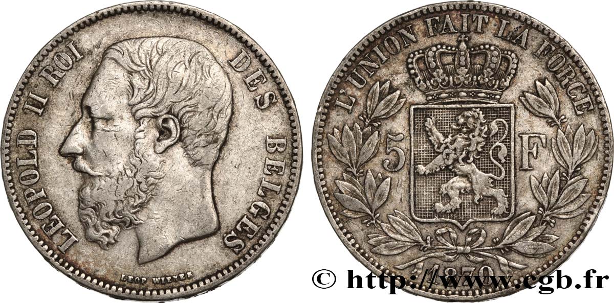 BELGIQUE 5 Francs Léopold II 1870 TB+