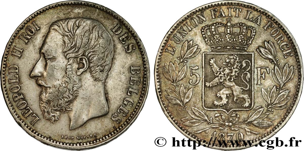 BELGIQUE 5 Francs Léopold II 1870 TTB