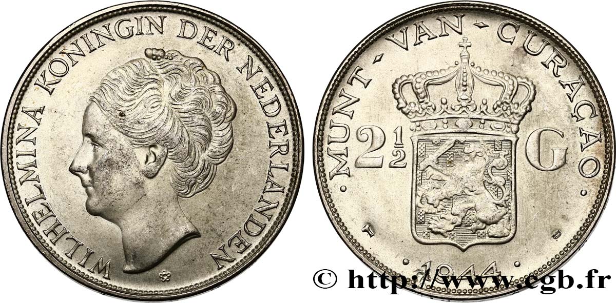 CURACAO 2 1/2 Gulden reine Wilhelmina des Pays Bas 1944 Denver SUP
