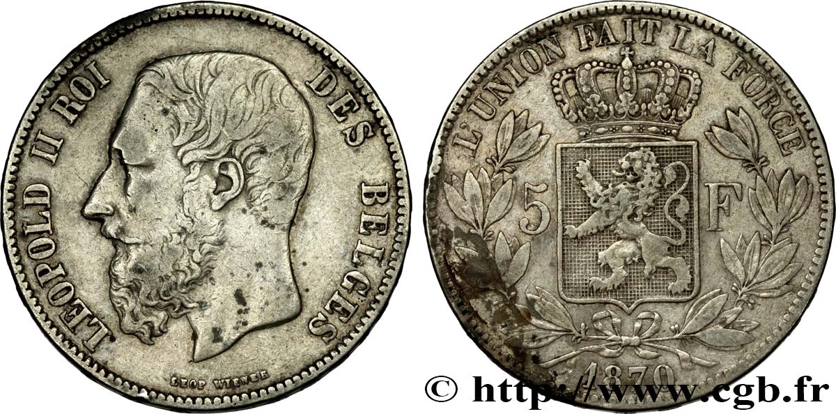 BELGIQUE 5 Francs Léopold II 1870 TB+