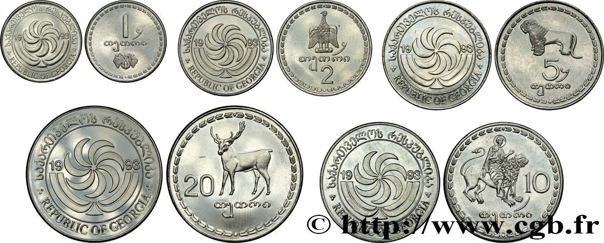 GEORGIEN Lot de 5 Monnaies 1, 2, 5, 10 et 20 Thetri 1993  fST 