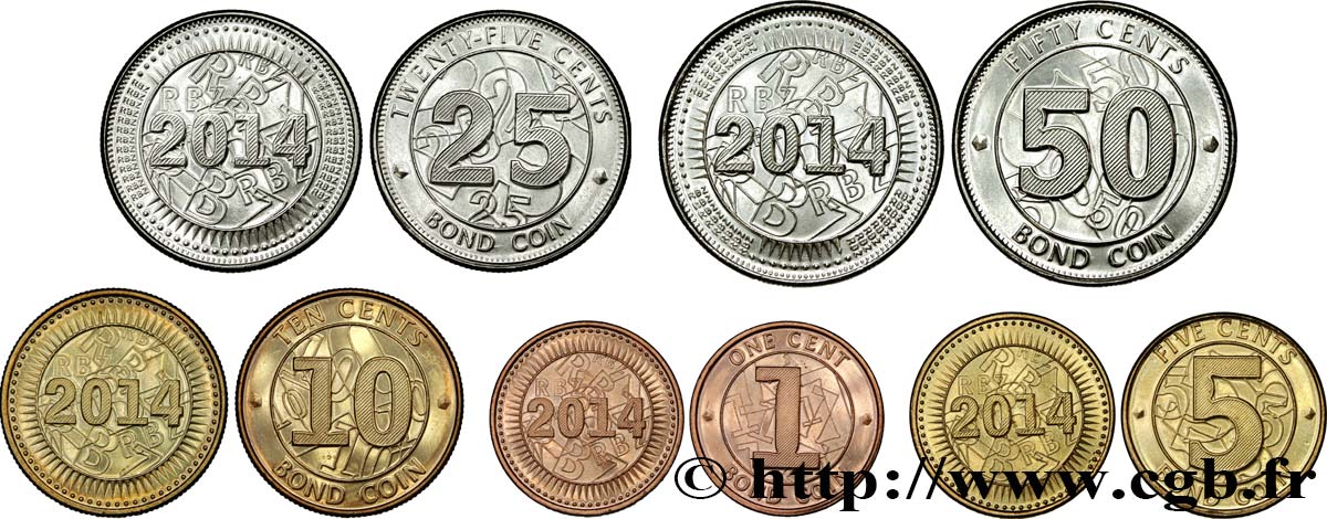 ZIMBABWE Lot de 5 monnaies 1, 5, 10, 25 et 50 Cents 2014  MS 