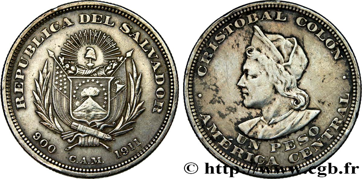 EL SALVADOR 1 Peso Christophe Colomb 1911 Philadelphie ou San Francisco XF 