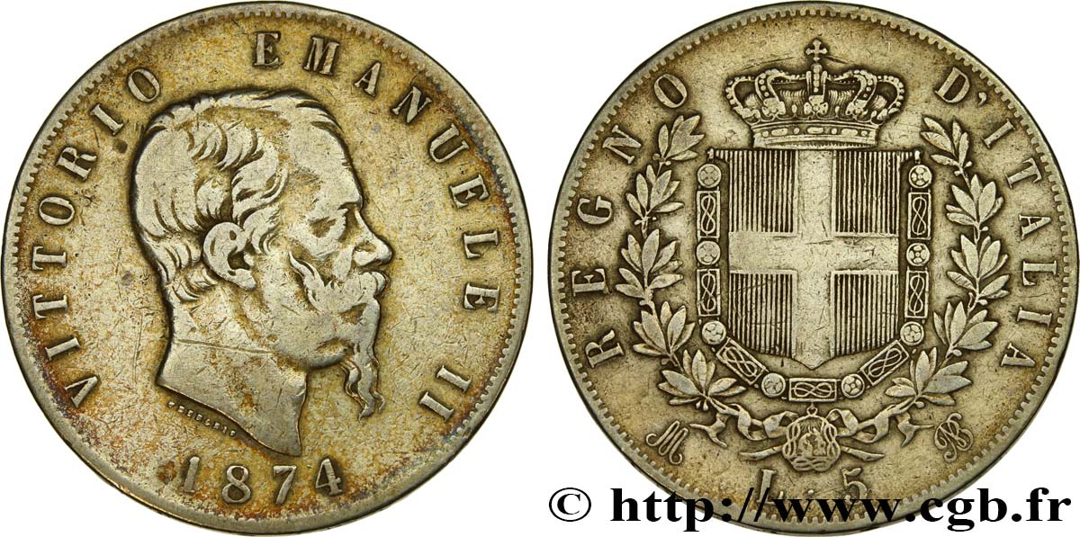 ITALIE 5 Lire Victor Emmanuel II 1874 Milan TB