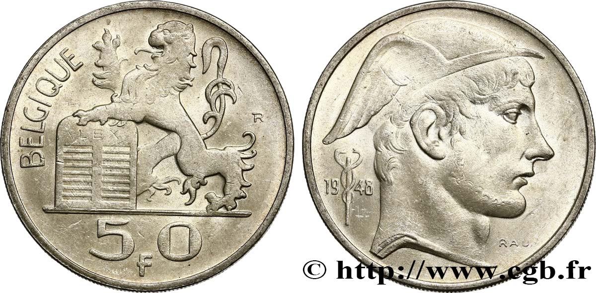BELGIUM 50 Francs lion posé sur les tables de la loi / Mercure légende flamande 1948 AU