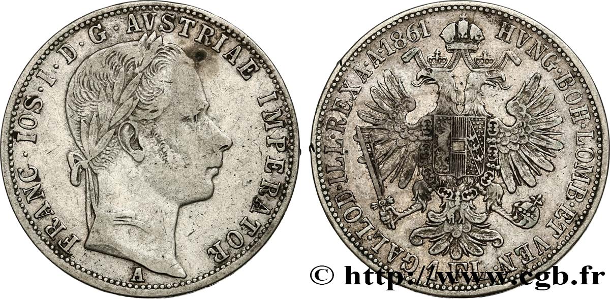 AUSTRIA 1 Florin François-Joseph Ier tête laurée 1861 Vienne BC+