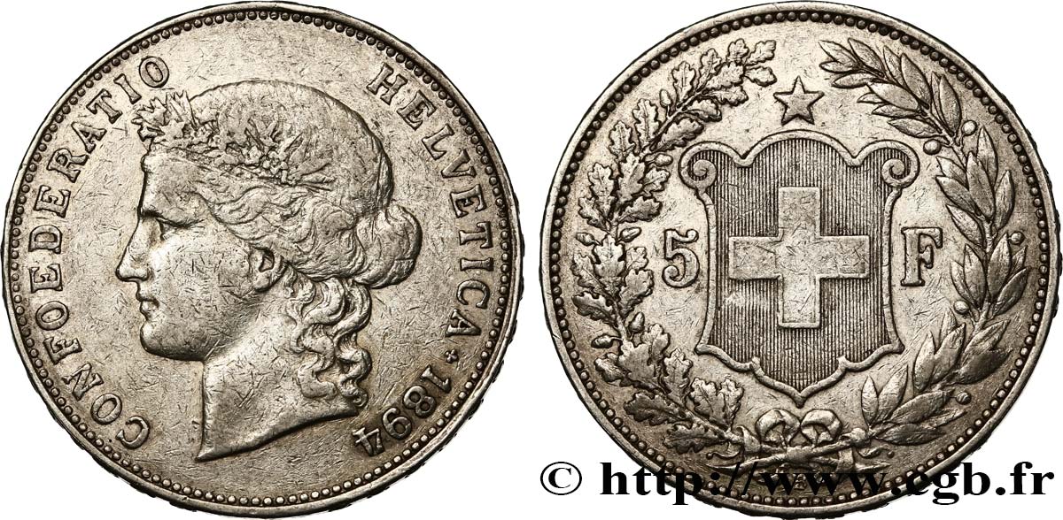 SWITZERLAND - HELVETIC CONFEDERATION 5 Francs Helvetia 1894 Berne VF/XF 