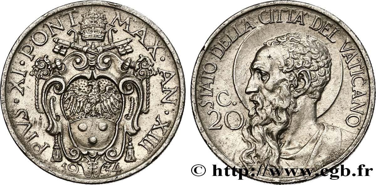 VATICAN AND PAPAL STATES 20 Centesimi frappe au nom de Pie XI an jubilaire 1934 Rome AU