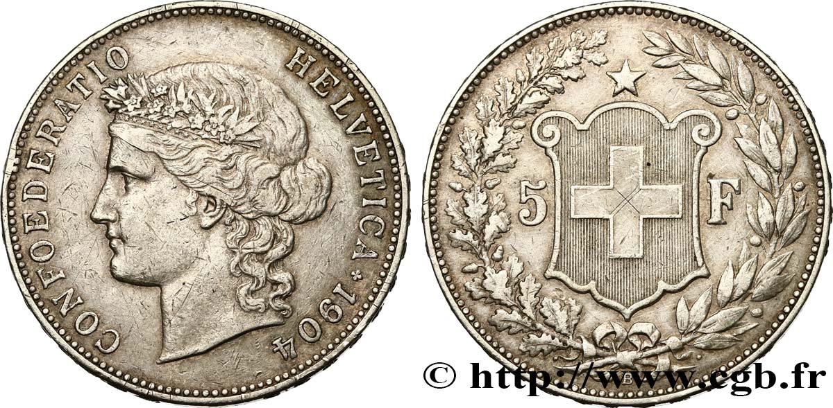 SWITZERLAND - HELVETIC CONFEDERATION 5 Francs Helvetia 1904 Berne XF 