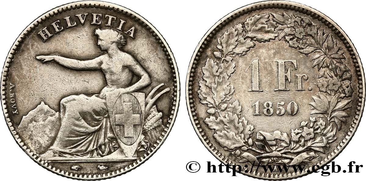 SWITZERLAND 1 Franc Helvetia assise 1850 Paris VF 