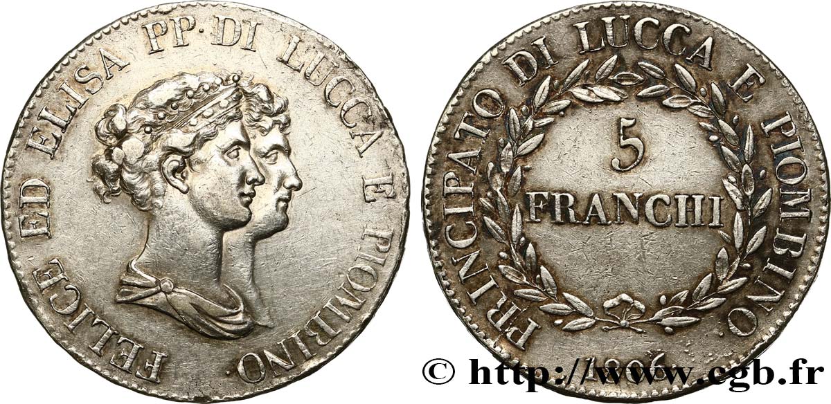 ITALY - PRINCIPALTY OF LUCCA AND PIOMBINO - FELIX BACCIOCHI AND ELISA BONAPARTE 5 Franchi, bustes moyens 1806 Florence XF 