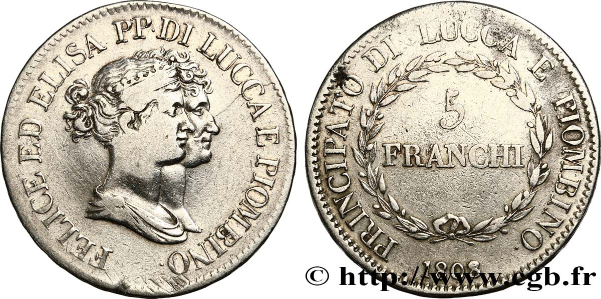 ITALIEN - FÜRSTENTUM LUCQUES UND PIOMBINO - FÉLIX BACCIOCHI AND ELISA BONAPARTE 5 Franchi 1808 Florence S 