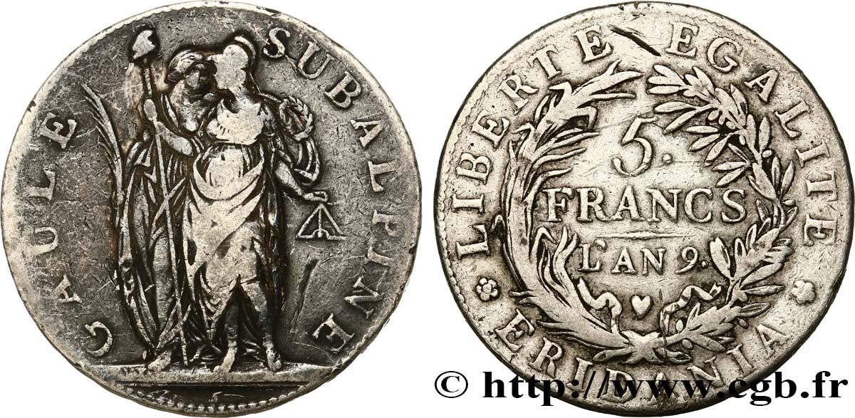 ITALIEN - SUBALPINISCHE  5 Francs an 9 1801 Turin S 