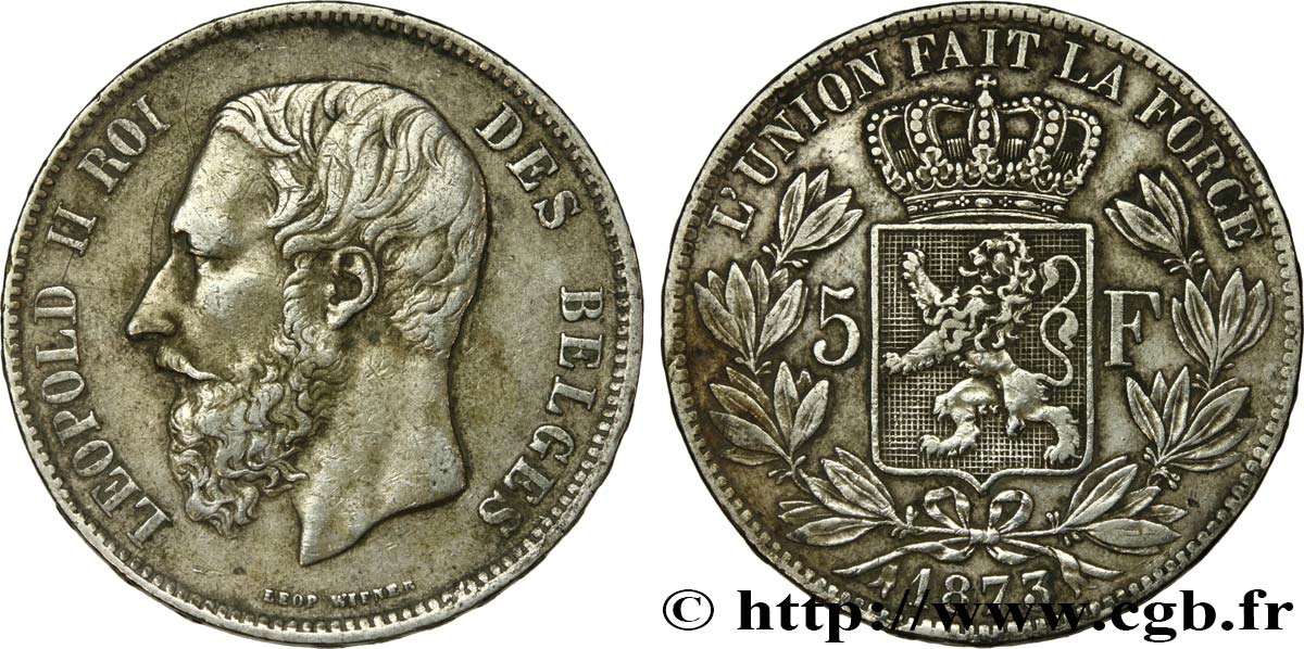 BÉLGICA 5 Francs Léopold II 1873 BC+