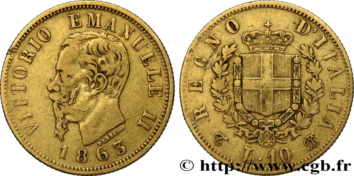 ITALIA 10 Lire Victor Emmanuel II 1863 Turin BC+