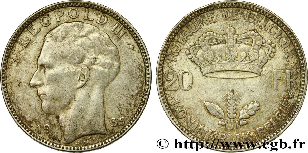 BÉLGICA 20 Francs Léopold III 1935 MBC+