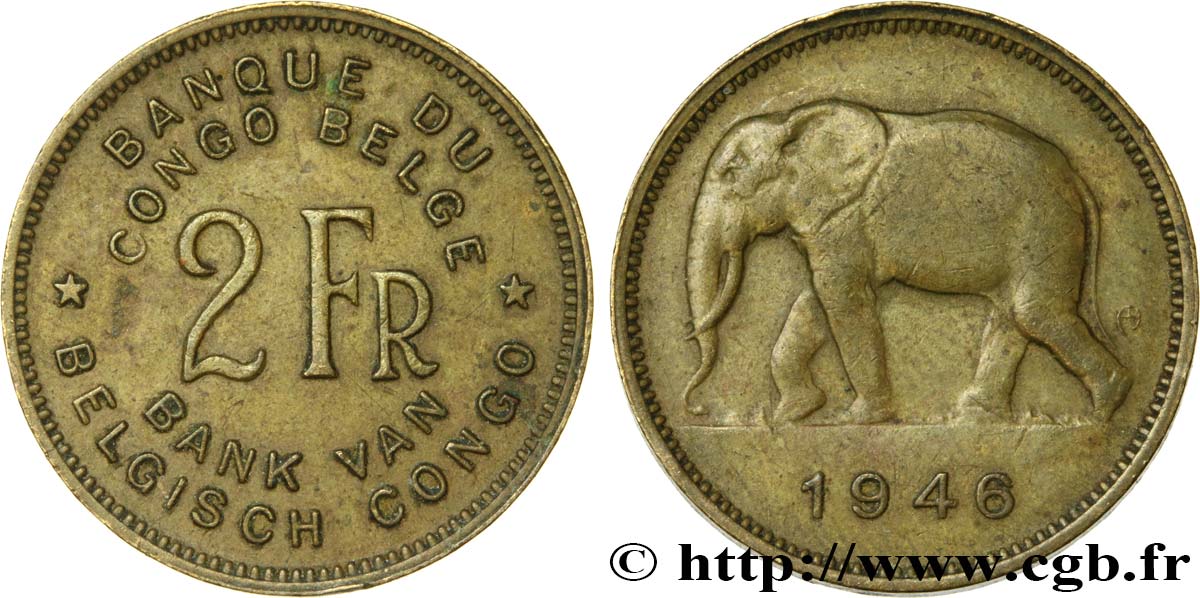 BELGA CONGO 2 Francs éléphant 1946 MBC