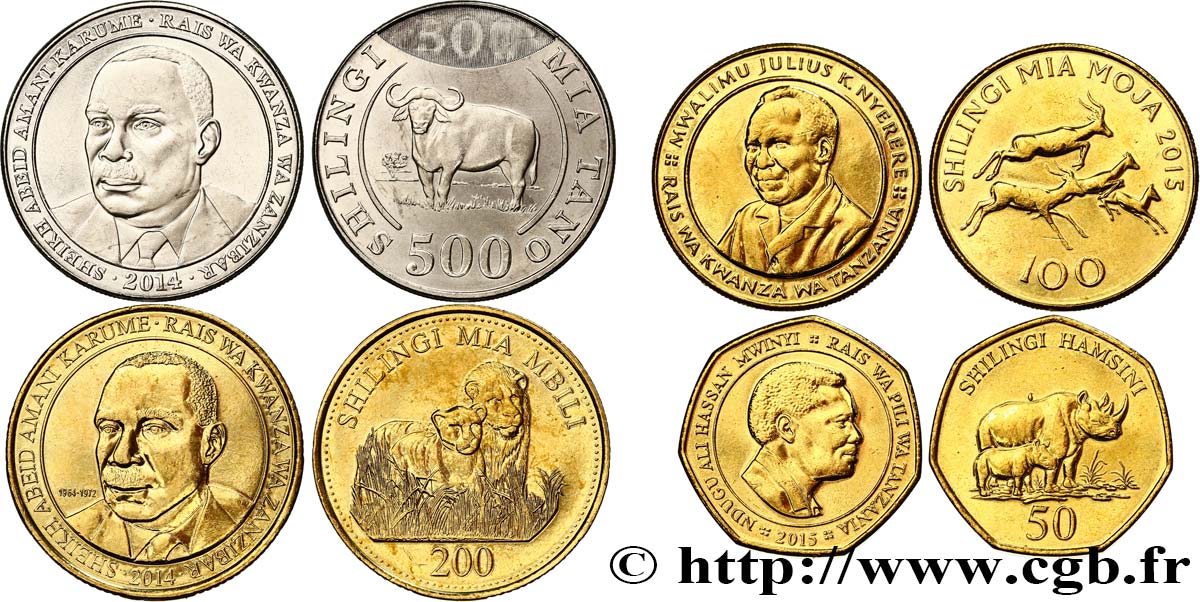 TANSANIA Lot de quatre monnaies 50, 100, 200 & 500 Shilingi 2014-2015  fST 