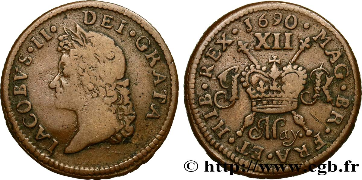 IRLANDE 1 Shilling Jacques II frappée pour le mois de mai 1690  TB 
