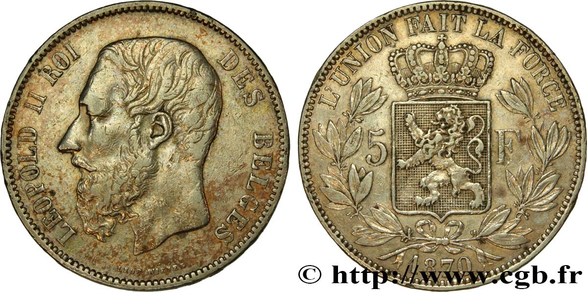 BELGIQUE 5 Francs Léopold II 1870 TB+