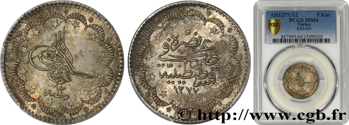 TURKEY 5 Kurush AH1377 an 12 n.d. Constantinople MS64 PCGS