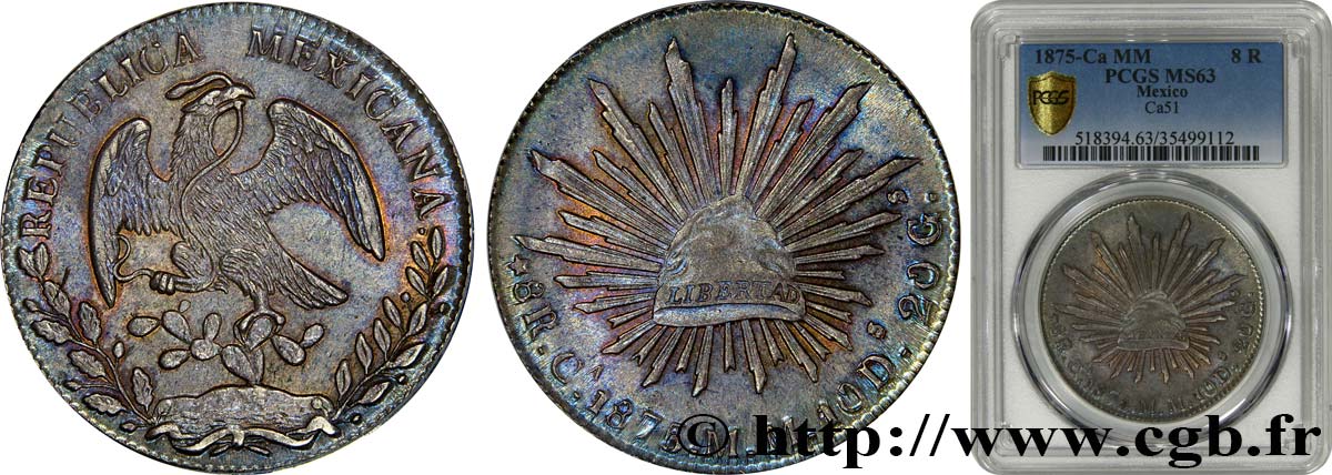 MEXICO 8 Reales 1875 Chihuahua MS63 PCGS