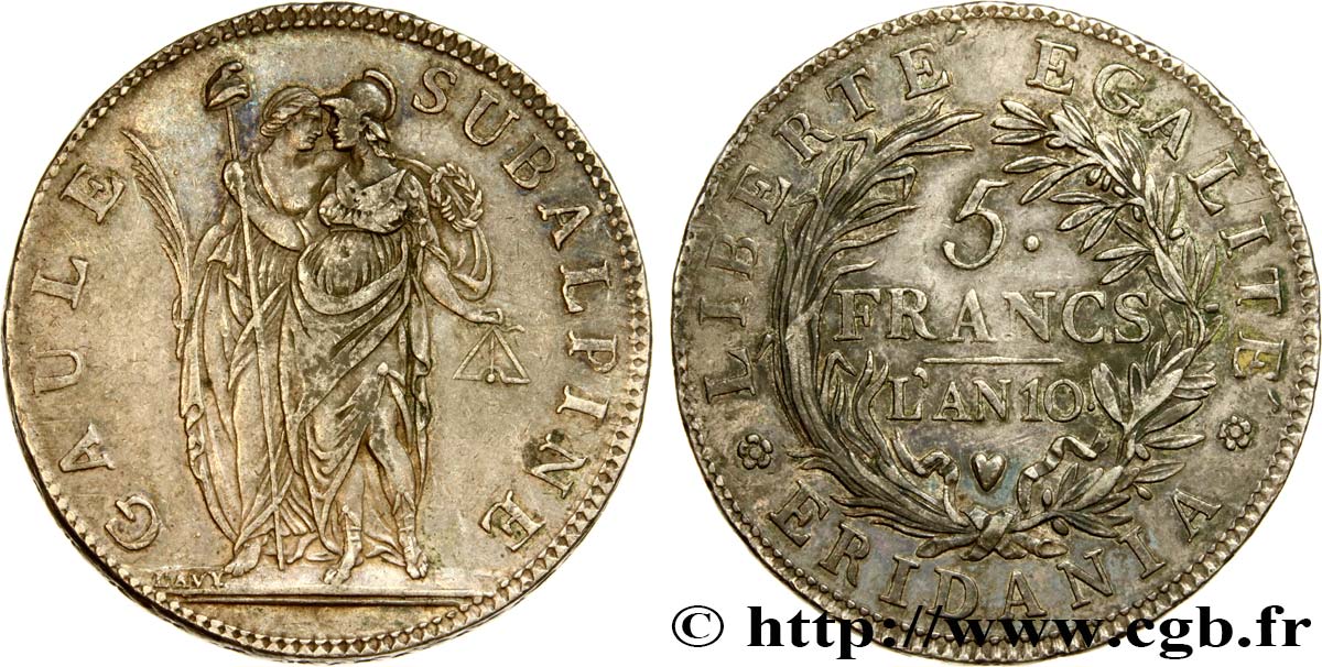 ITALY - SUBALPINE GAUL 5 Francs an 10 1802 Turin XF 