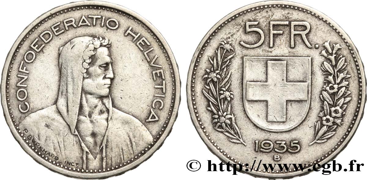 SUISSE 5 Francs Berger des Alpes 1935 Berne TB+