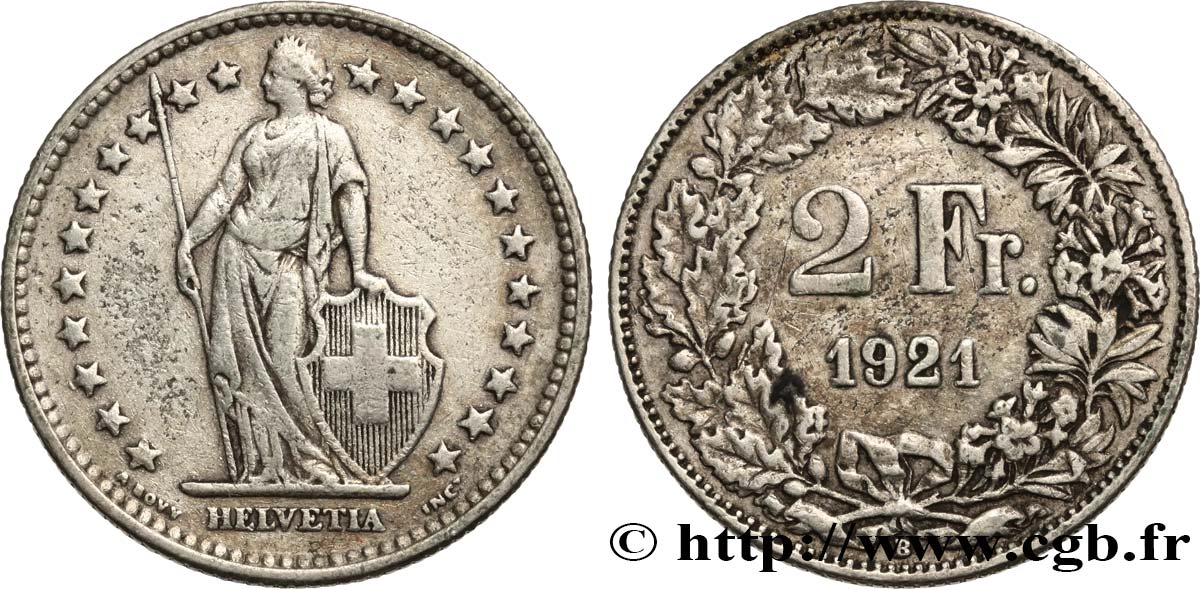 SUISSE 2 Francs Helvetia 1921 Berne TB+